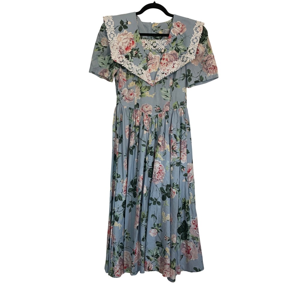 Sabino Floral Lace Collar Midi Dress Womens Blue Excellent